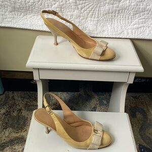 Ferragamo tan, patent leather, size 6 sling backs.